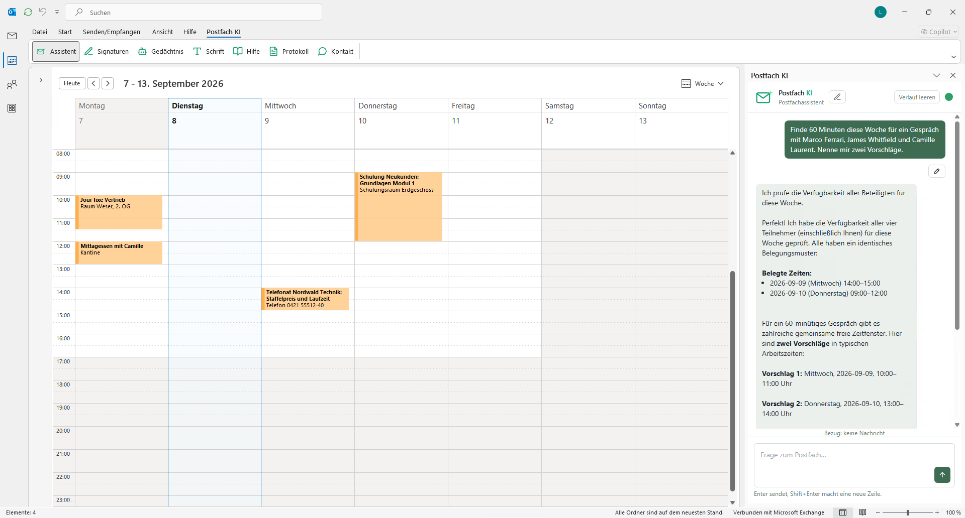 Outlook in der Wochenansicht, daneben der Assistent mit zwei freien Stunden für ein Gespräch mit drei Kollegen