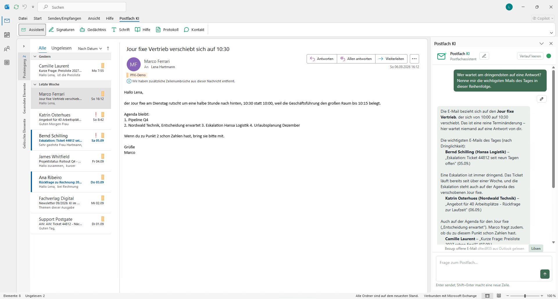 Outlook mit dem Assistenten, der die wichtigsten Mails des Tages nach Dringlichkeit auflistet