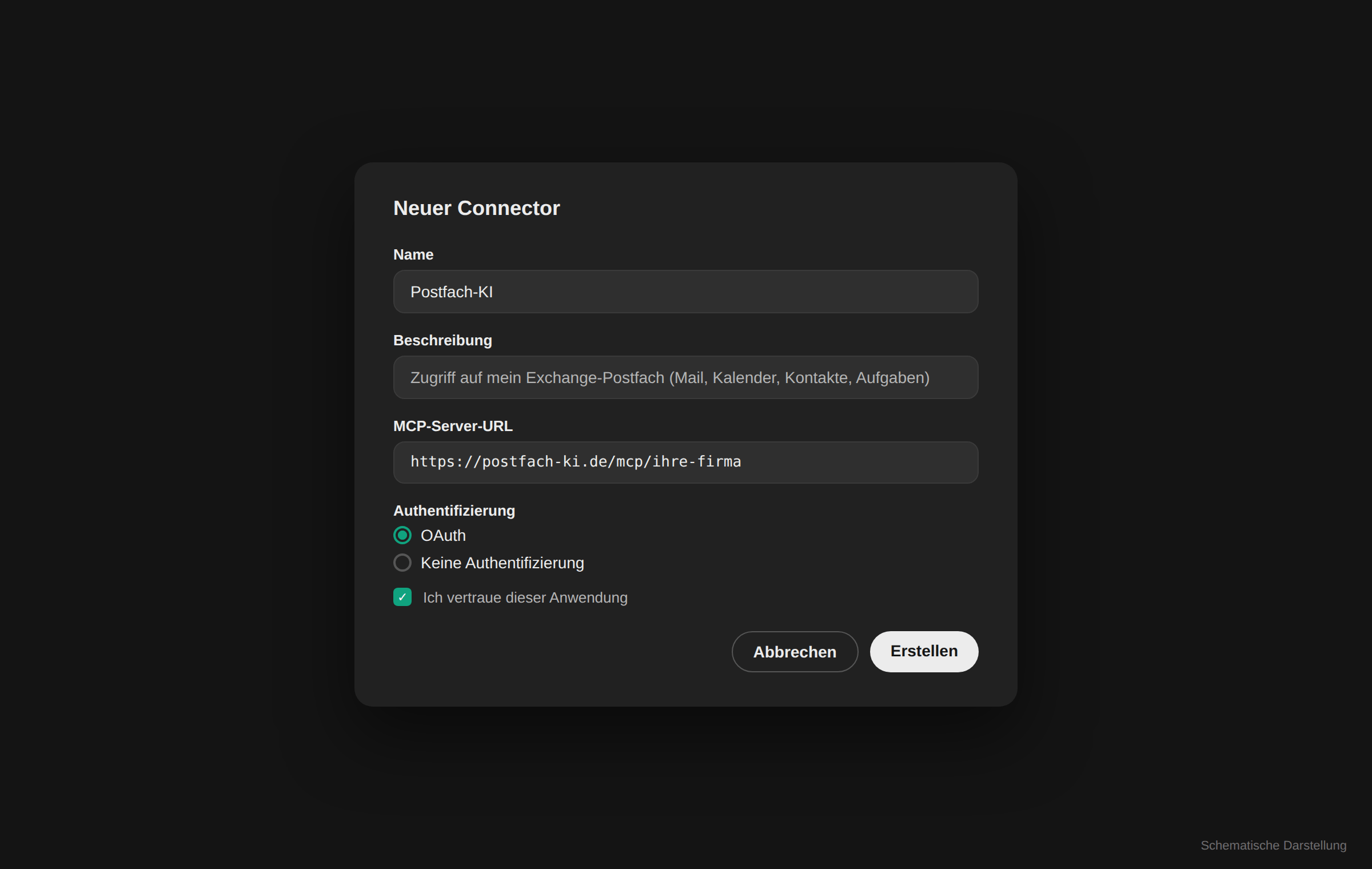 ChatGPT Formular "New connector" mit Name, MCP Server URL und OAuth-Auswahl