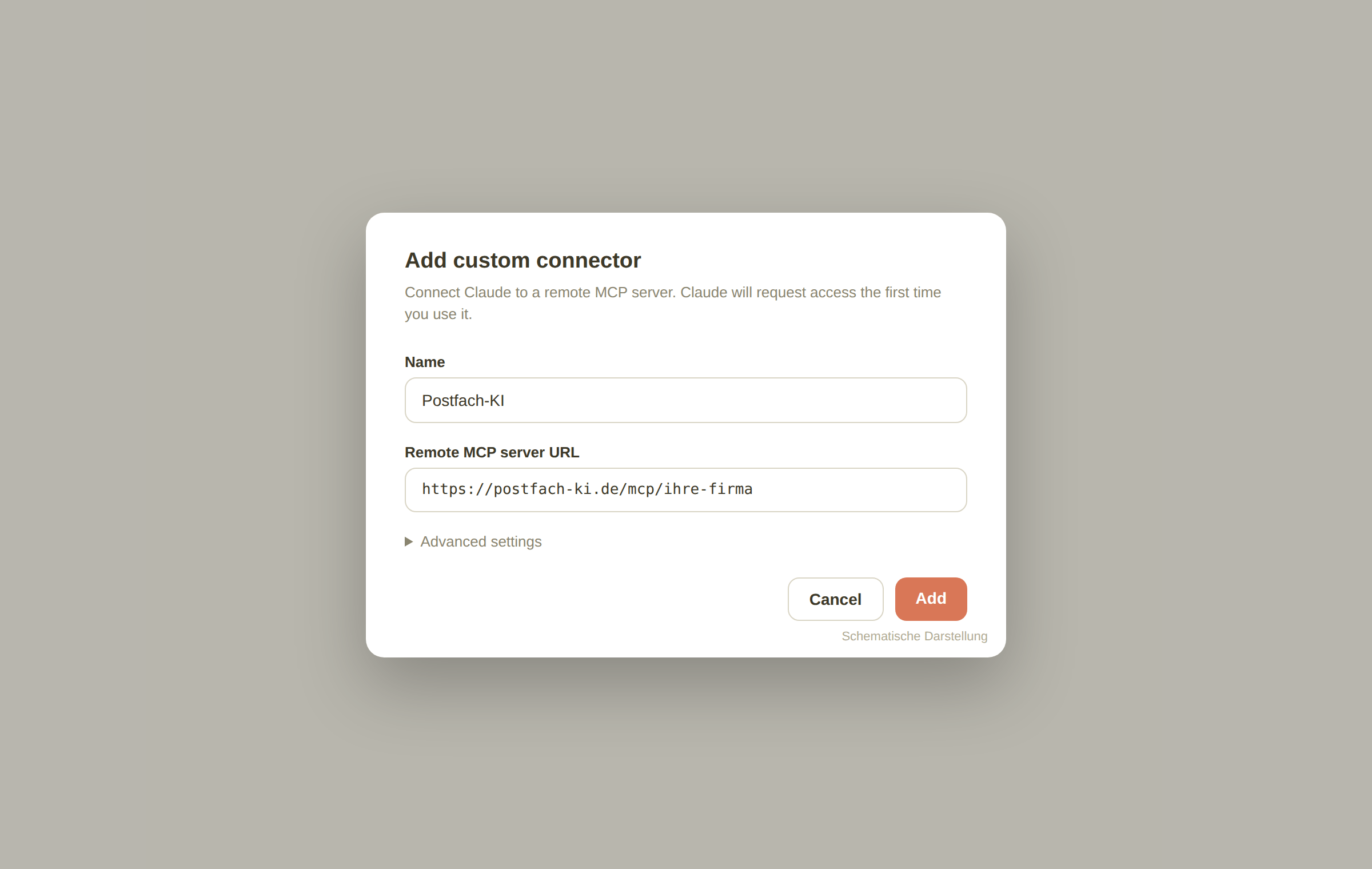 Claude Dialog "Add custom connector" mit ausgefülltem Namen und MCP-Adresse