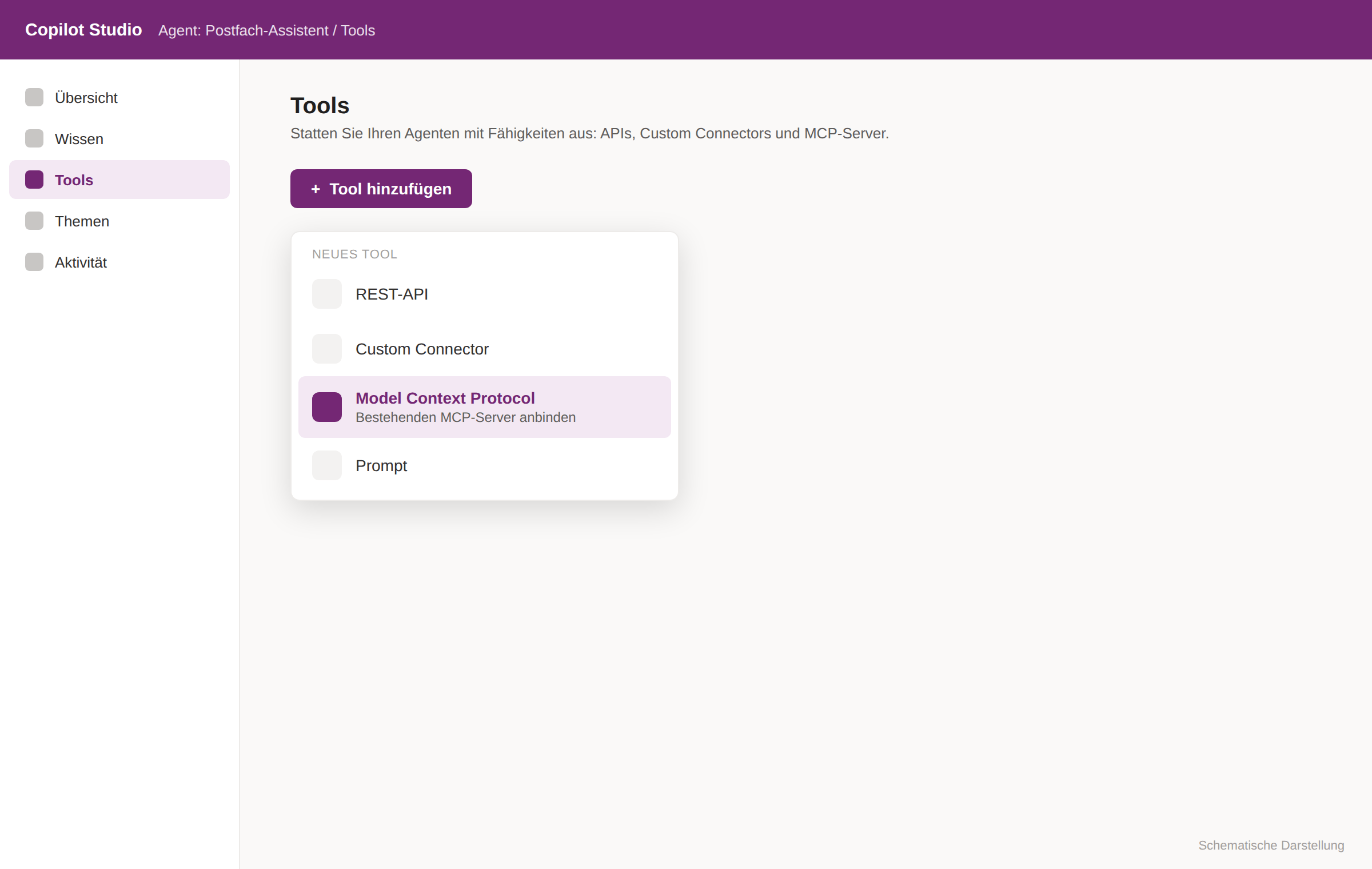 Copilot Studio: Tools-Reiter, „Tool hinzufügen" mit Auswahl „Model Context Protocol"