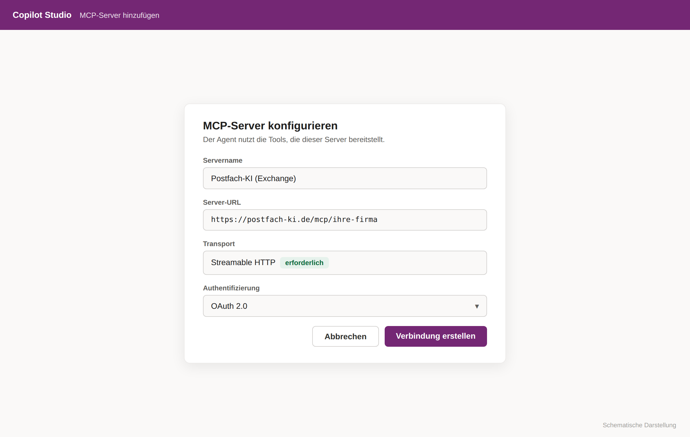 Copilot Studio: MCP-Server konfigurieren - Servername, Server-URL, Streamable HTTP, OAuth 2.0