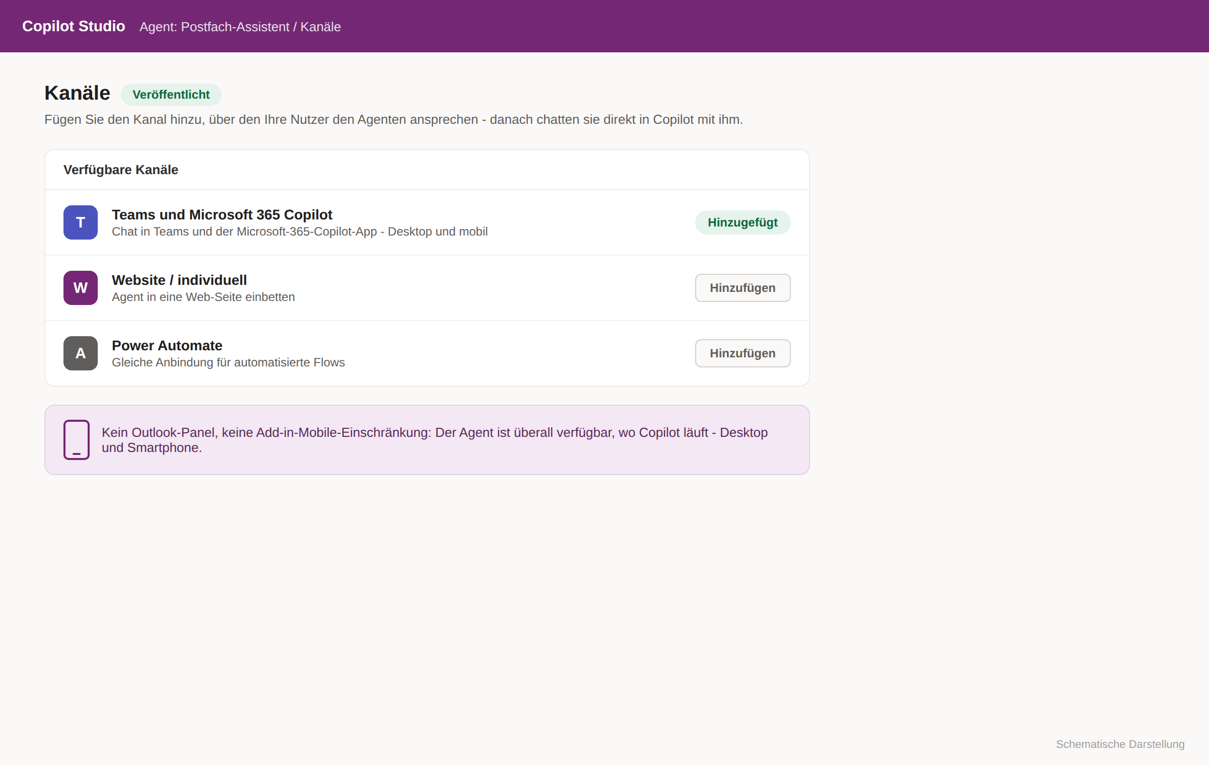 Copilot Studio: Kanäle - „Teams und Microsoft 365 Copilot" hinzugefügt, Desktop und mobil