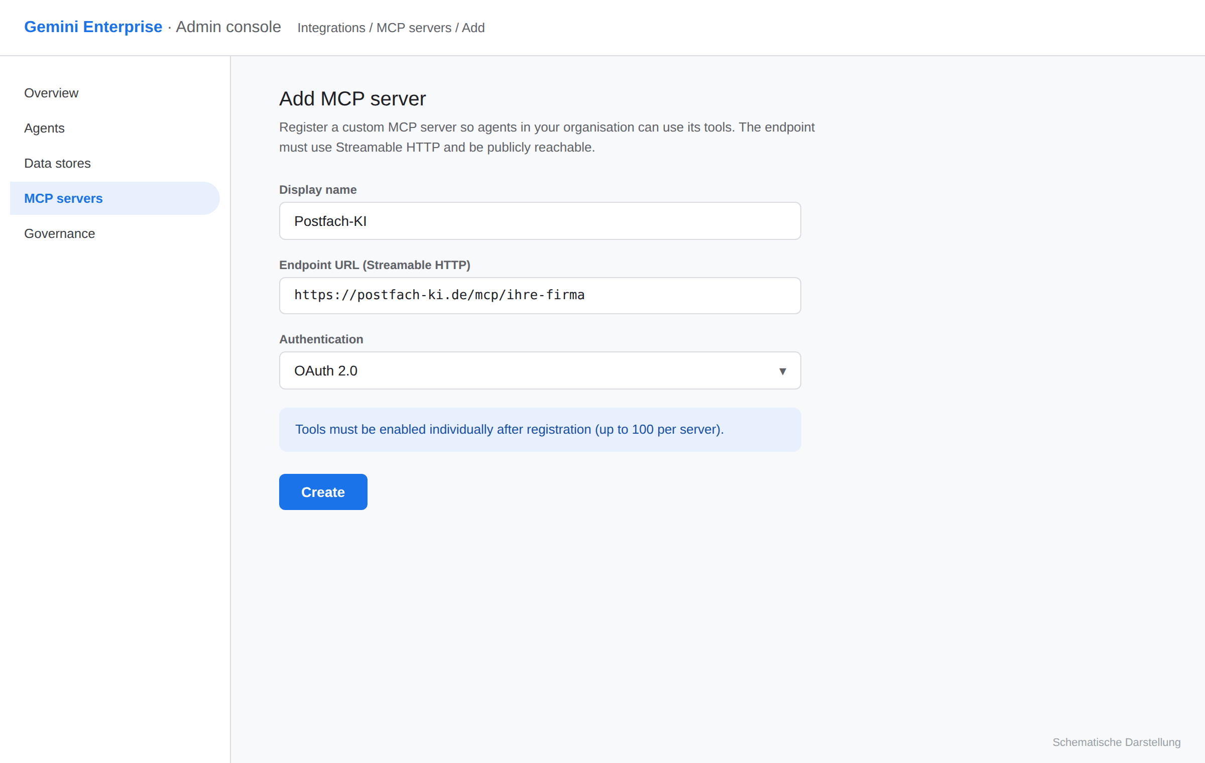 Gemini Enterprise Konsole: Formular zum Registrieren eines Custom MCP servers