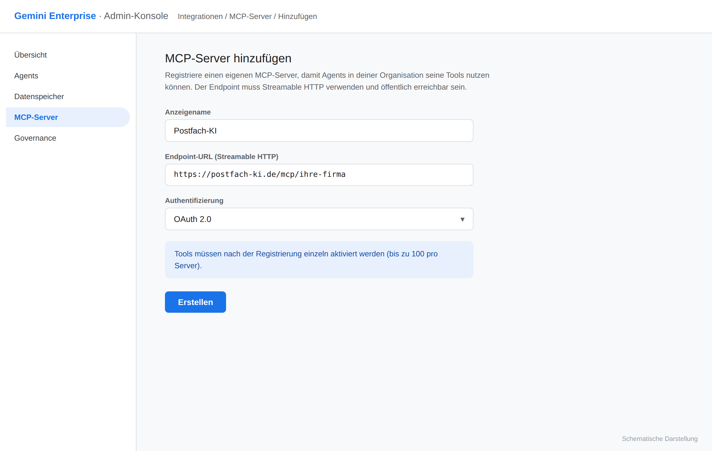 Gemini Enterprise Konsole: Custom-MCP-Server-Formular (Endpoint, OAuth 2.0)