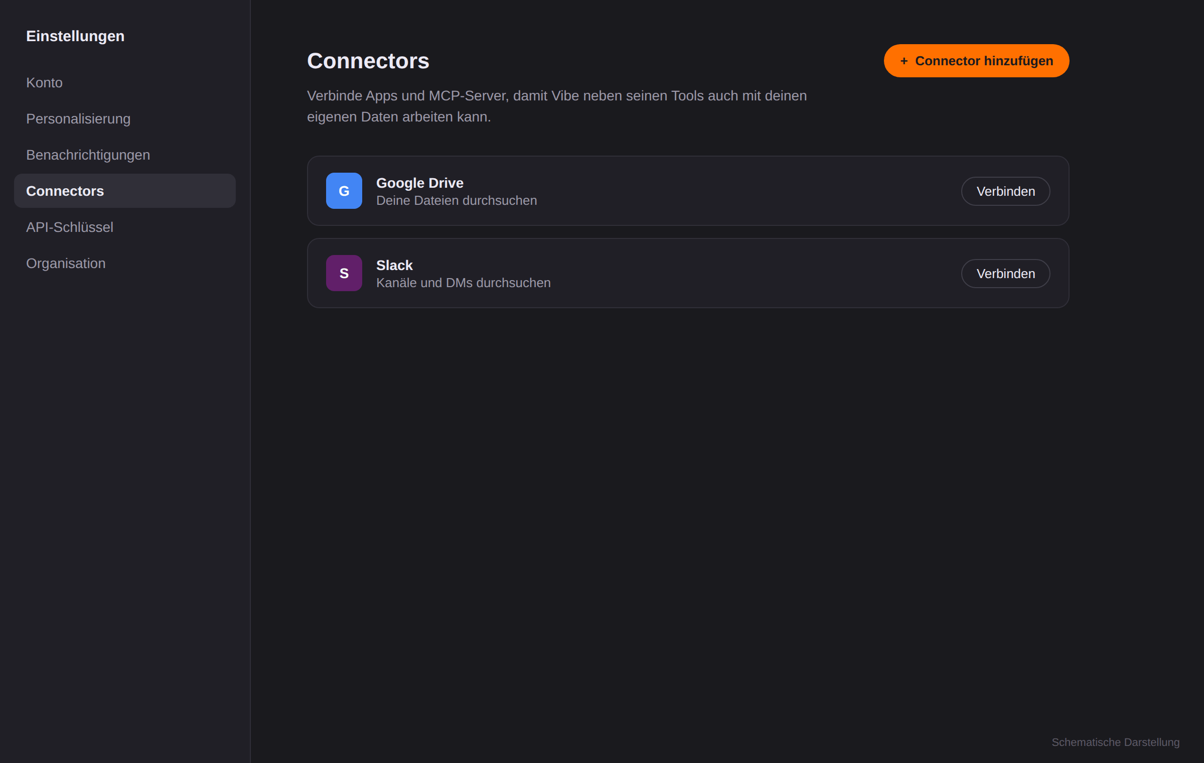 Vibe Einstellungen: Bereich Connectors mit Button "+ Add Connector"