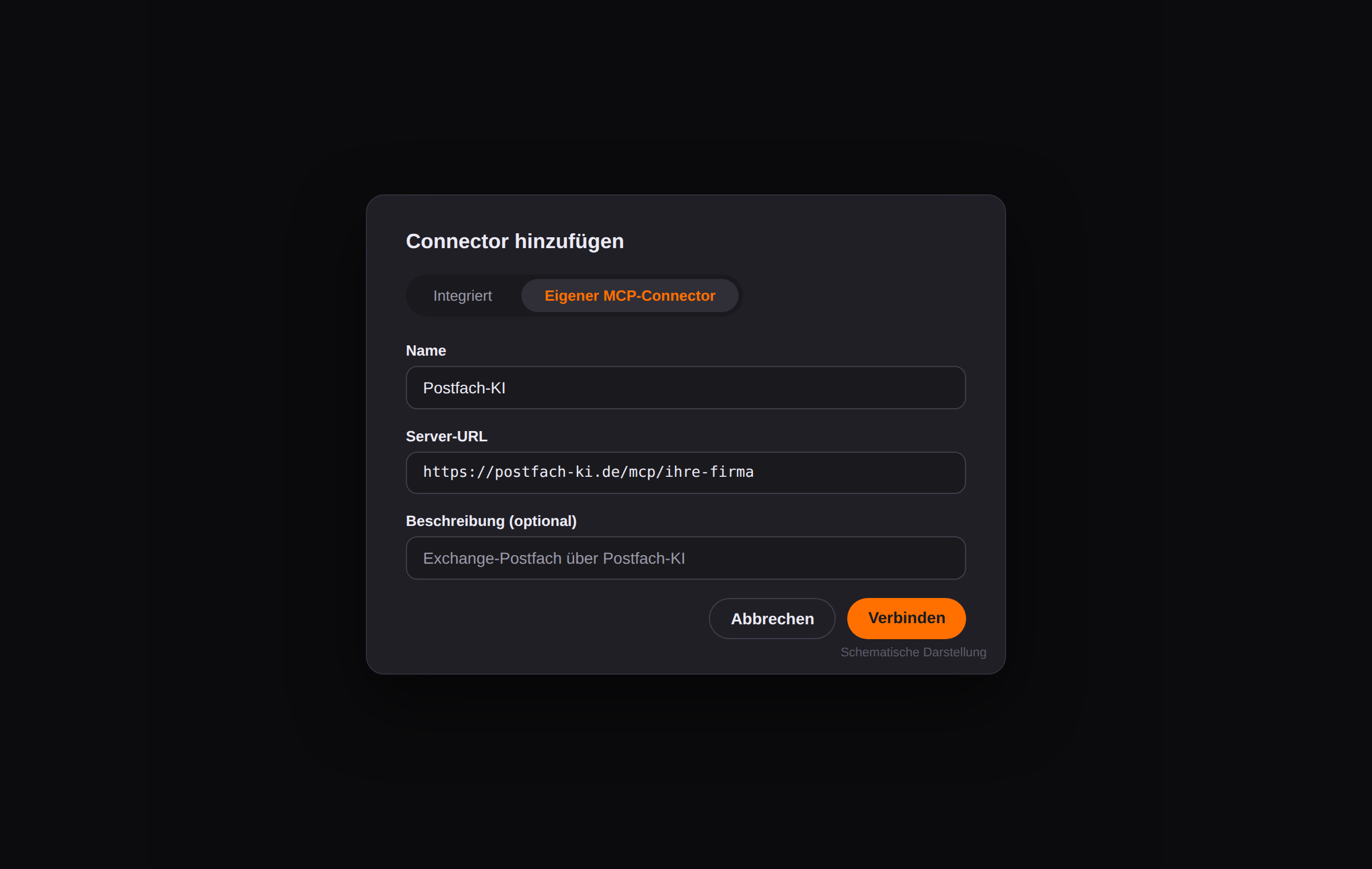Vibe Dialog "Add Connector" mit Tab Custom MCP Connector und ausgefüllter Server URL