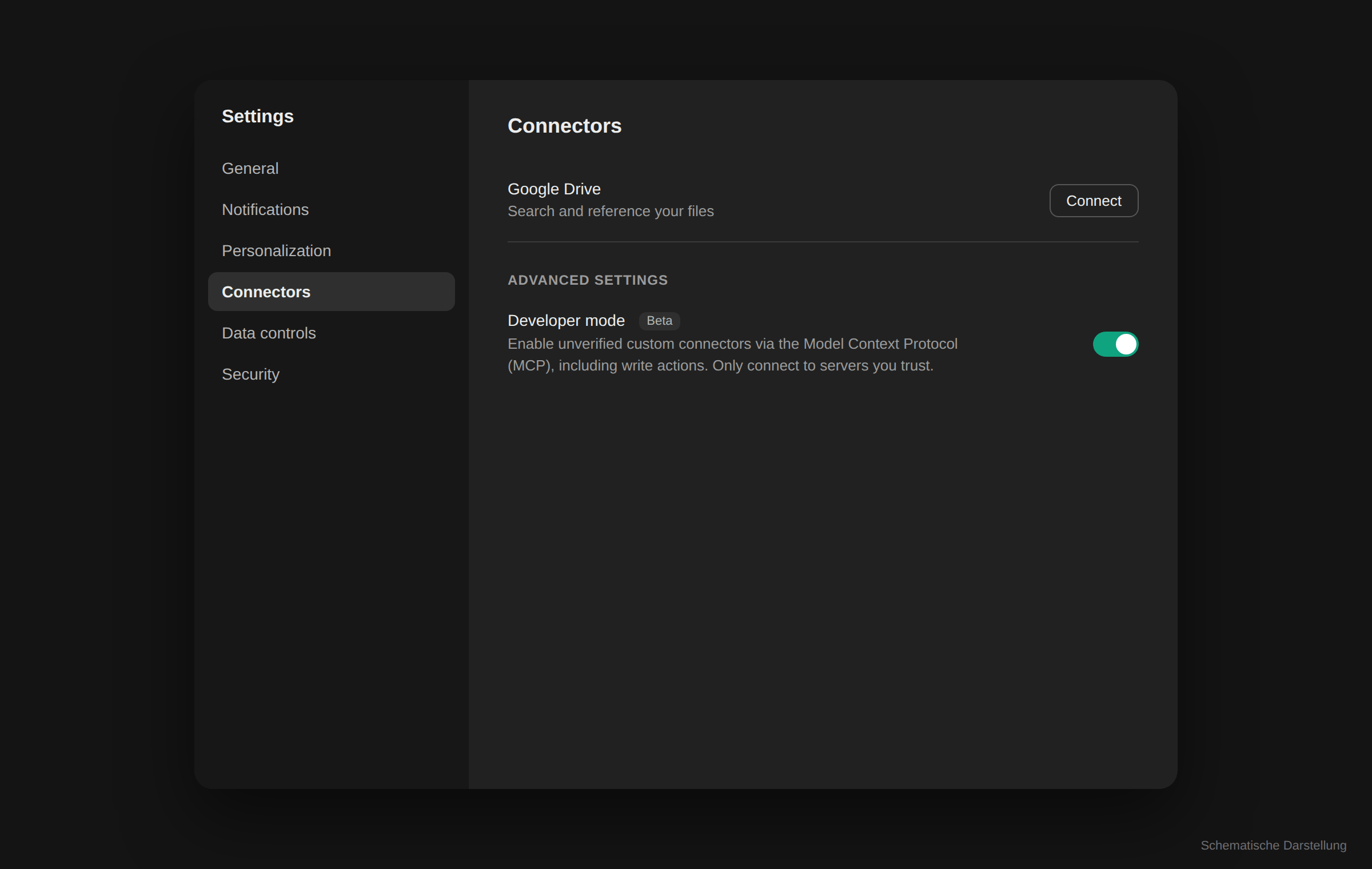 ChatGPT Einstellungen: Connectors mit aktiviertem Developer mode unter Advanced settings