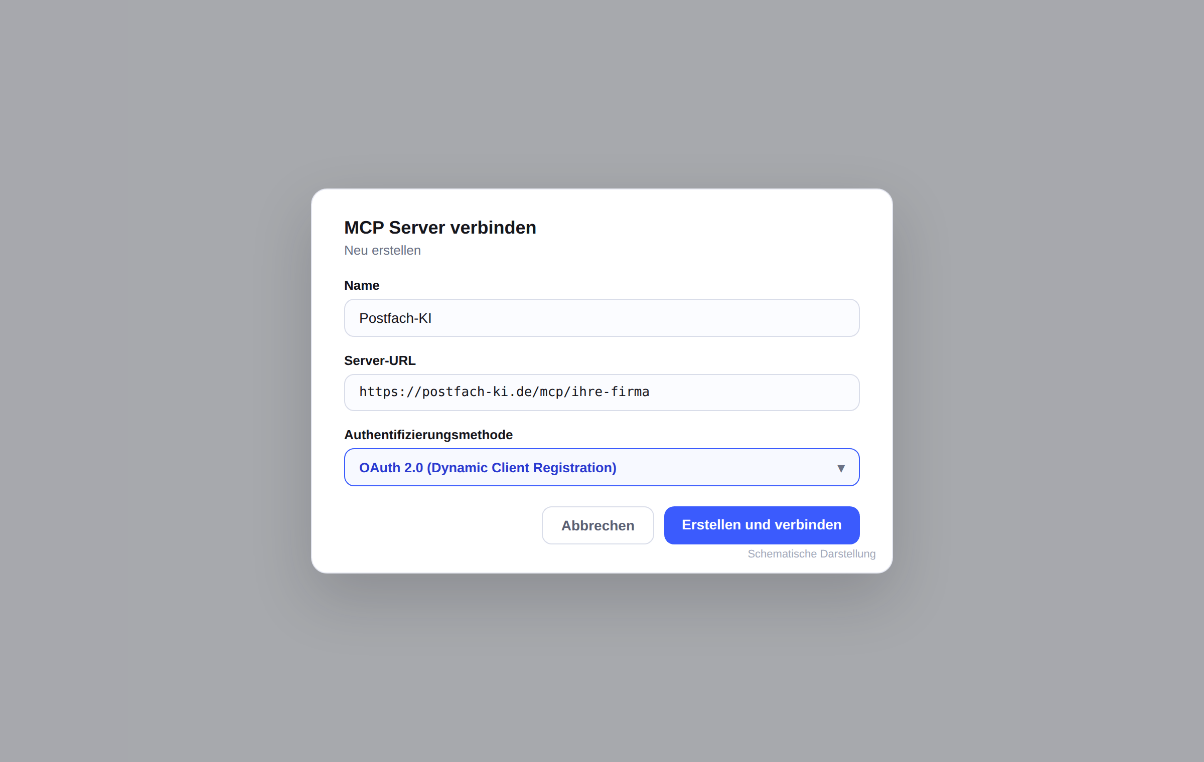 Langdock-Dialog „MCP Server verbinden" mit Server-URL und OAuth-Auswahl