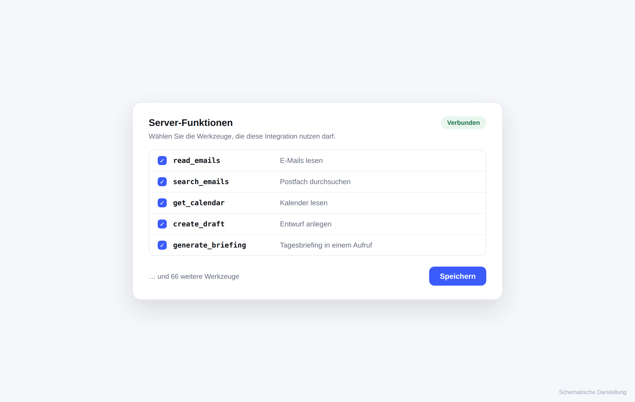 Langdock: Liste der Server-Funktionen mit ausgewählten Werkzeugen