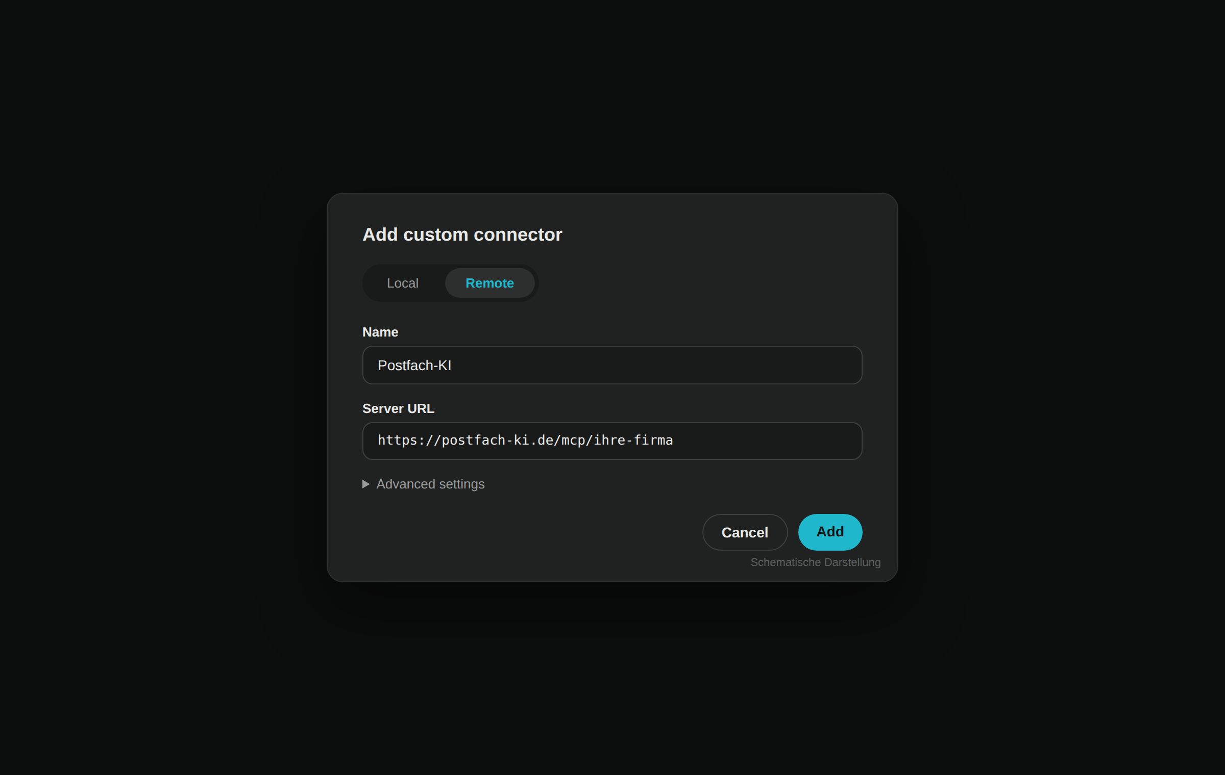 Perplexity Dialog "Add custom connector" mit Tab Remote und ausgefüllter Server URL